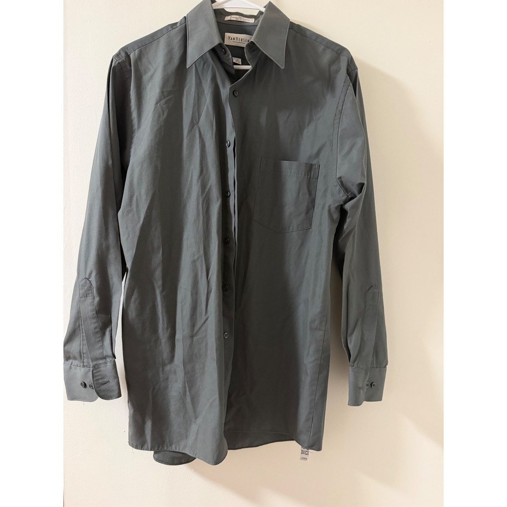 Van Heusen Dress Shirt Mens 15 32/33 Grey Good Poplin Long Sleeve Button Down